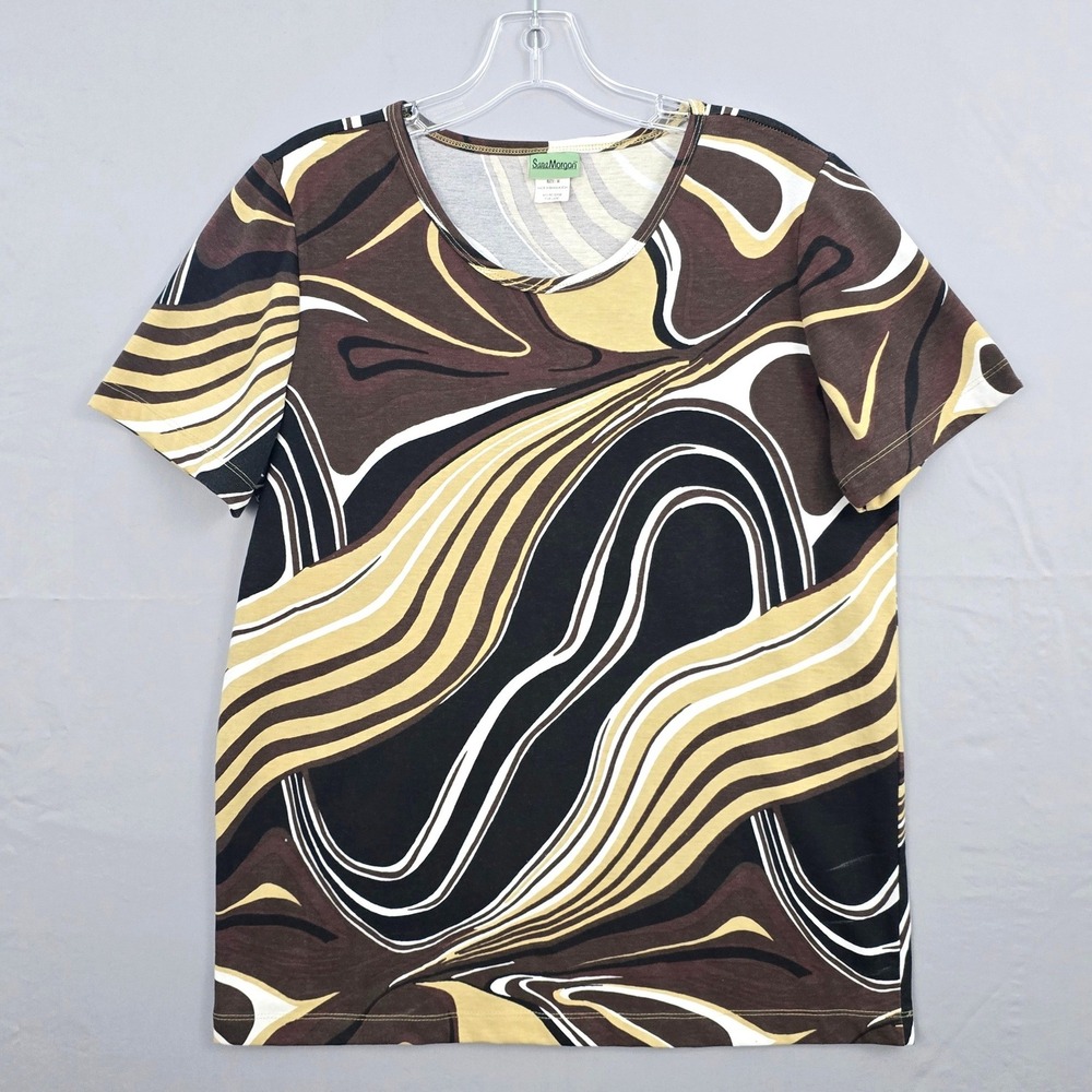 Sara Morgan Short Sleeve Scoop Neck‎ Mod Print Top Brown White M